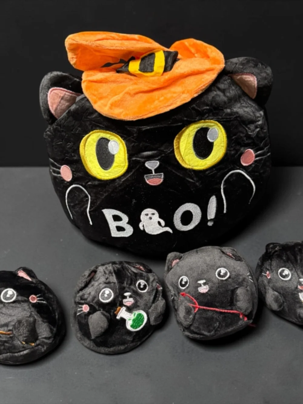 Halloween Black Cat Plush Hidden Baby Cats Squishy Plush NWT